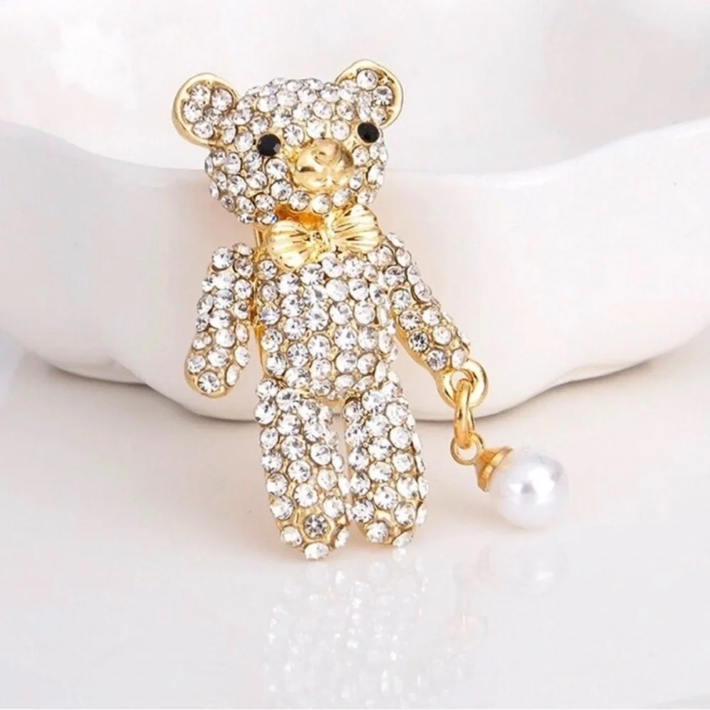 Rhinestone Teddy Bear Brooch with Pearl Charm - Gold Tone
